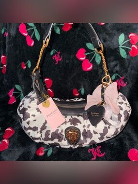 NWT Viral Juicy Couture Romance Liquorice White Cow Print Hobo Shoulder Bag